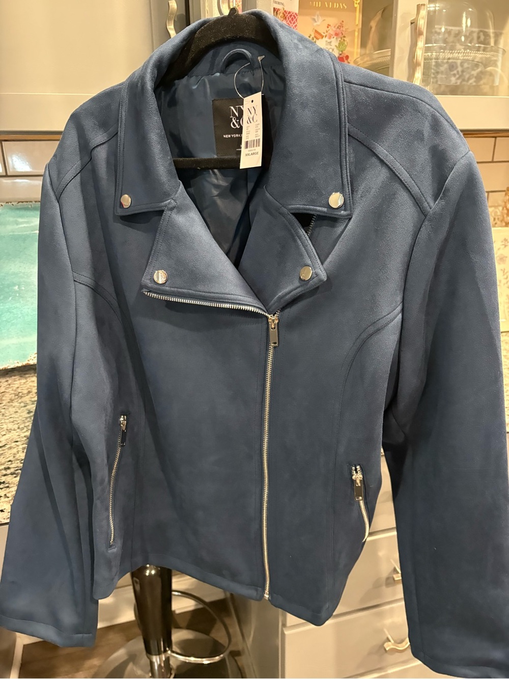 Navy Blue Faux Suede Moto Jacket - Women - Picture 8 of 9